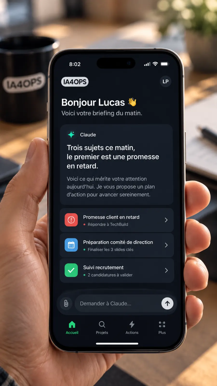 Briefing du matin reçu sur téléphone à 8h02 : trois sujets du jour, dont une promesse client en retard, la préparation d'un comité de direction et un suivi de recrutement