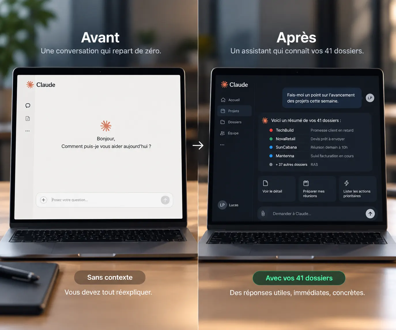 La même interface dans deux situations : à gauche, sans contexte, une conversation qui repart de zéro ; à droite, un assistant qui connaît les dossiers en cours et résume ce qui avance, ce qui attend et ce qui est en retard