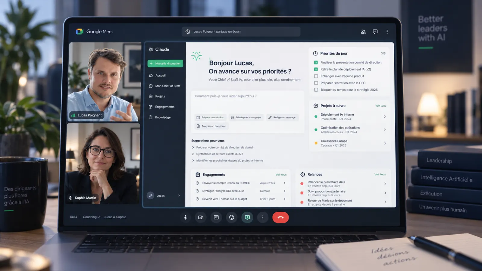 Séance de coaching en partage d'écran : le tableau de bord Chief of Staff IA affiche les priorités du jour, les projets à suivre, les engagements et les relances